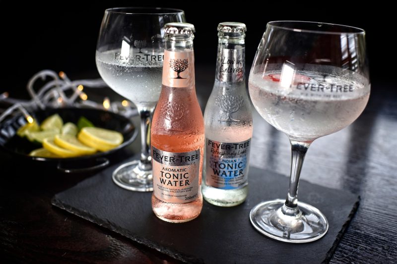 two glasses of gin on a slate with two bottles of indian and aromatic tonic water in the bottles and lemon slices behind