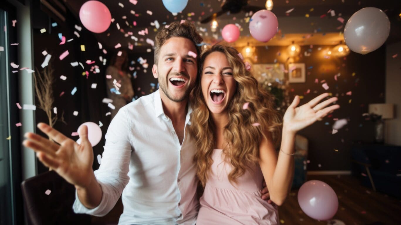 an excited couple with blue and pink balloons behind them celebrating a gender reveal