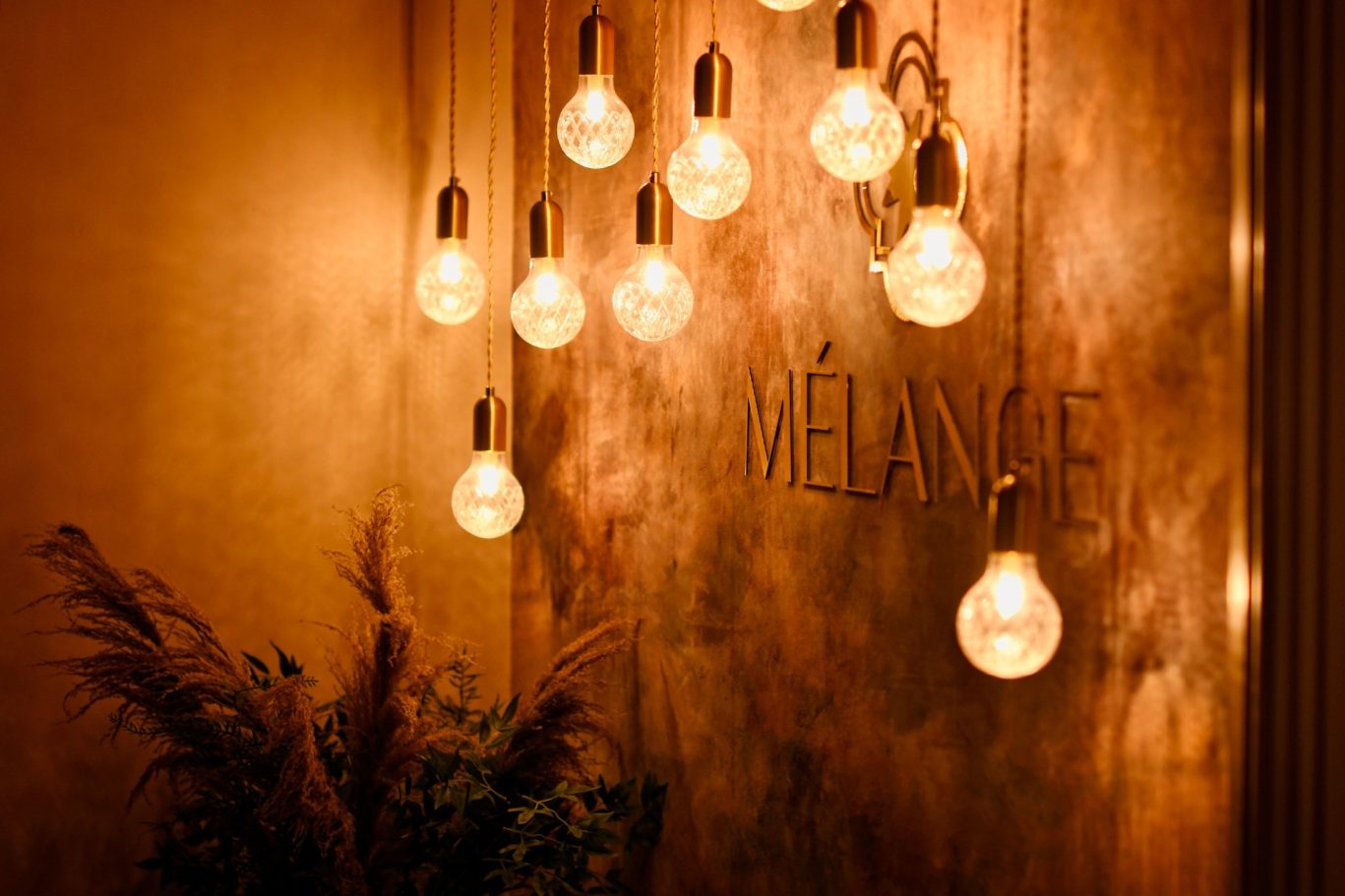 restaurant name on the wall with lightbulb decoration in front with mood lighting