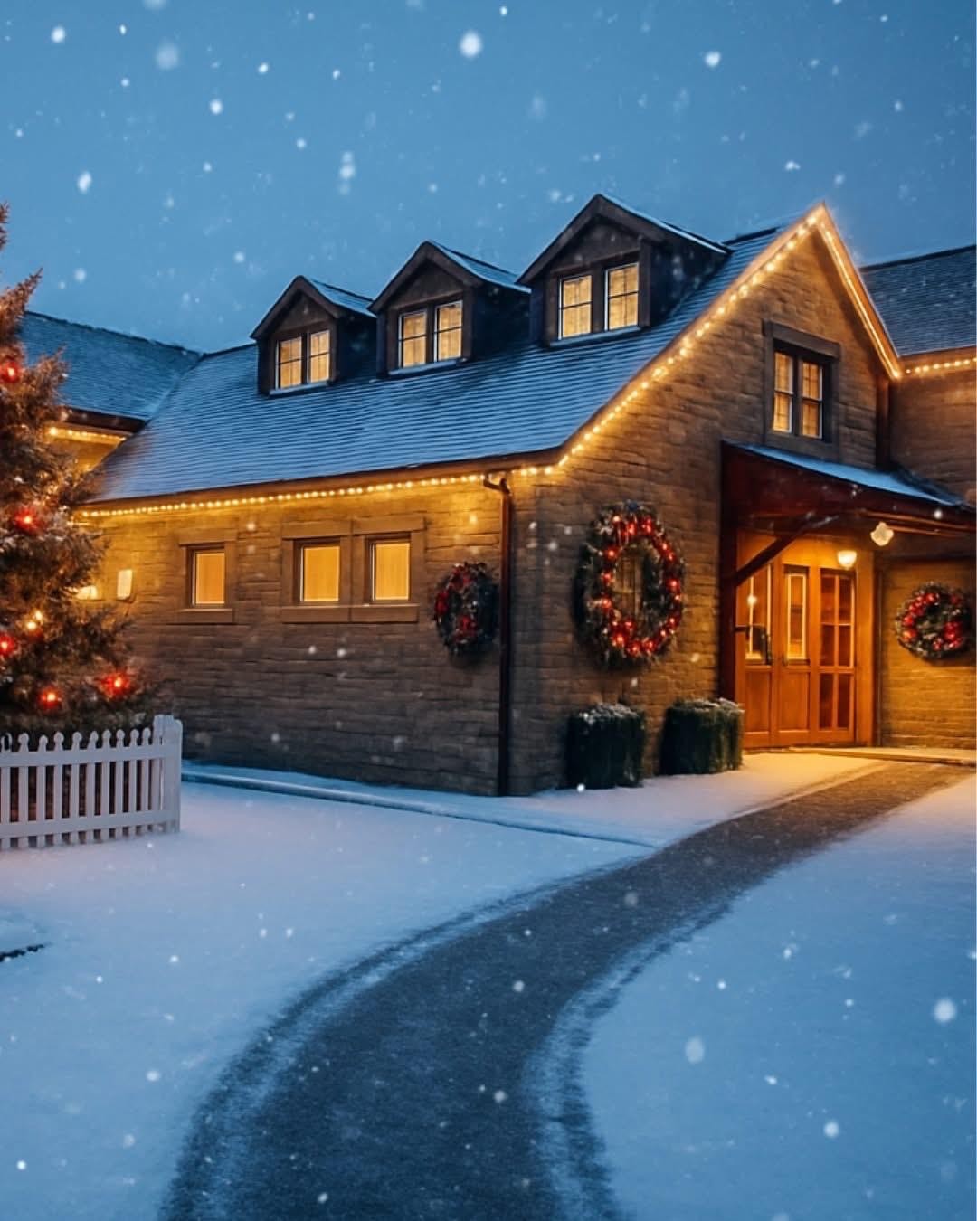Terraced house with christmas lights and wreaths on the side, snowing with a path to the front door